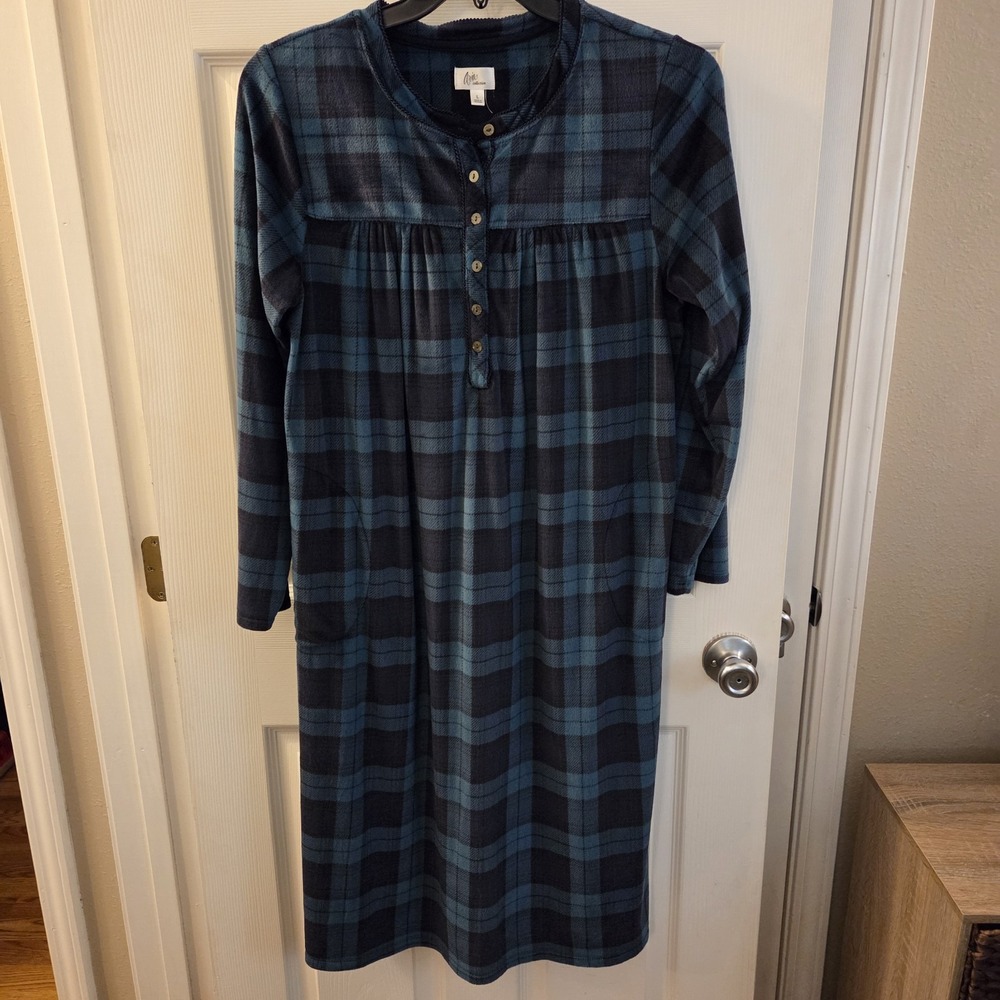 ARIA COLLECTION soft Fleece Plaid Nightgown Wmn L Long Slv Grn Blue Midi to maxi